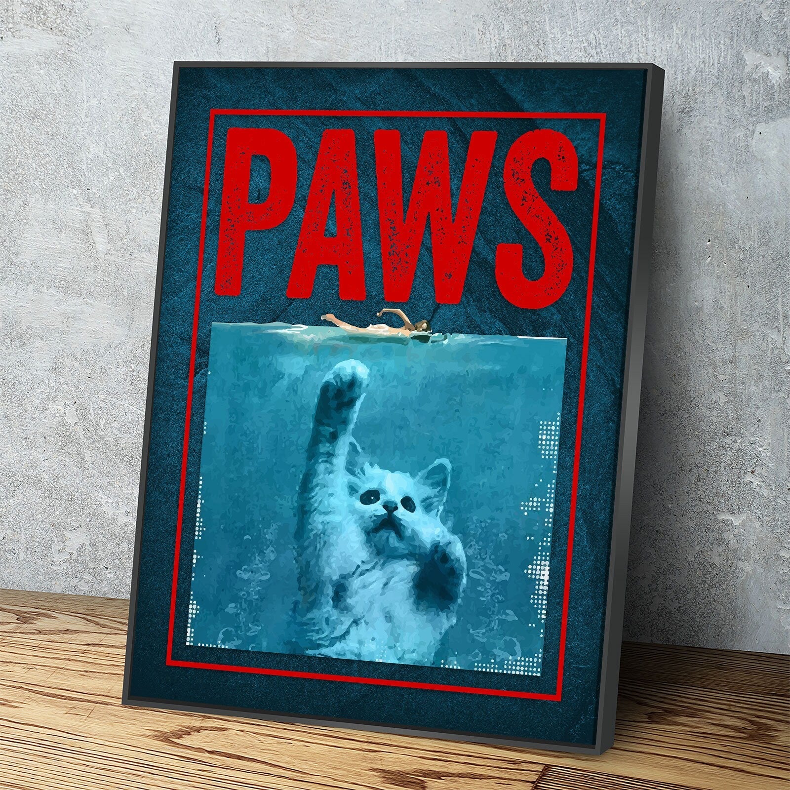 Paws Cute Cat Jaws Parody Canvas Wall Art For Home, Office or Dorm Kitten, Cat, Shark, Jaws With Floating Frame