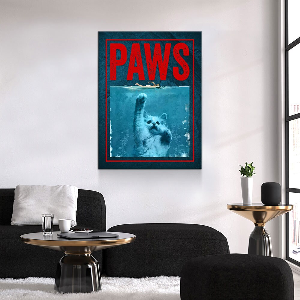 Paws Cute Cat Jaws Parody Canvas Wall Art For Home, Office or Dorm Kitten, Cat, Shark, Jaws