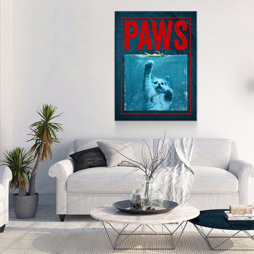 Paws Cute Cat Jaws Parody Canvas Wall Art For Home, Office or Dorm Kitten, Cat, Shark, Jaws