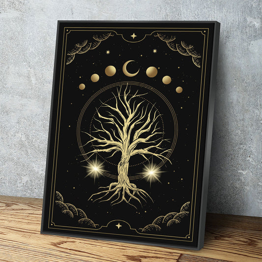 Magical Sacred Tree Canvas Wall Art, Moon Phase Art, Celestial, Esoteric, Boho Style Art, Astrology, Tarot Reader Canvas With Floating Frame