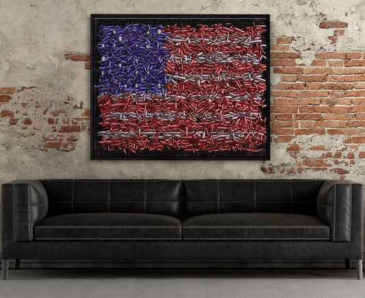 USA Bullet Flag Canvas Wall Art Print, USA Flag, Military, Veterans, 2nd Amendment, Right To Keep And Bear Arms With Floating Frame