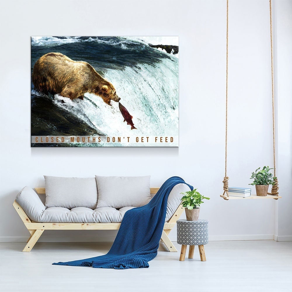 Closed Mouths Don't Get Feed Canvas Wall Art, Motivational Decor, Inspirational Decor, Office Decor, Bear, Stream, Fish Gallery Wrap