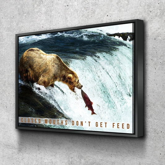 Closed Mouths Don't Get Feed Canvas Wall Art, Motivational Decor, Inspirational Decor, Office Decor, Bear, Stream, Fish With Floating Frame