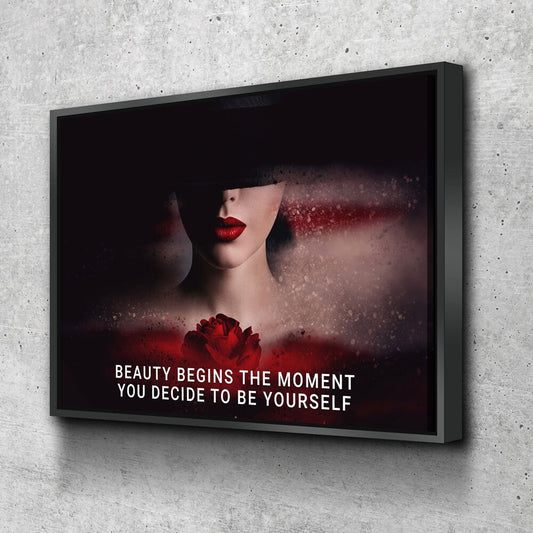 Beauty Begins The Moment You Decide To Be Yourself Canvas Wall Art, Motivational Decor, Inspirational Decor, Red Rose, Woman Boss With Floating Frame