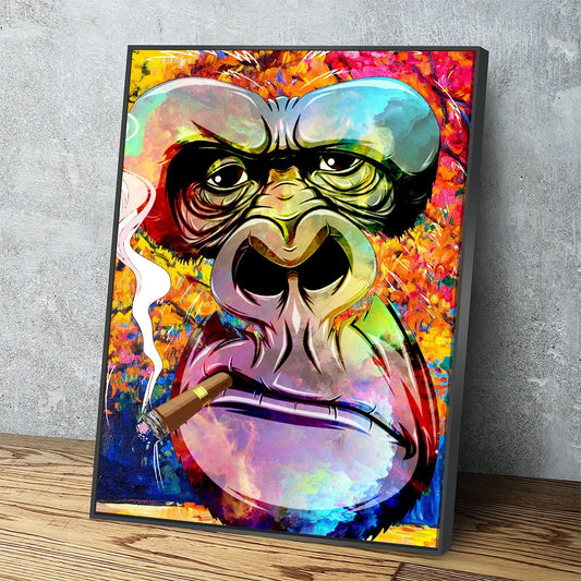 Gorilla Smoking Canvas Wall Art, Abstract Gorilla Art, Smoking Gorilla, Animal Print, Gorilla Smoking Cigar With Floating Frame