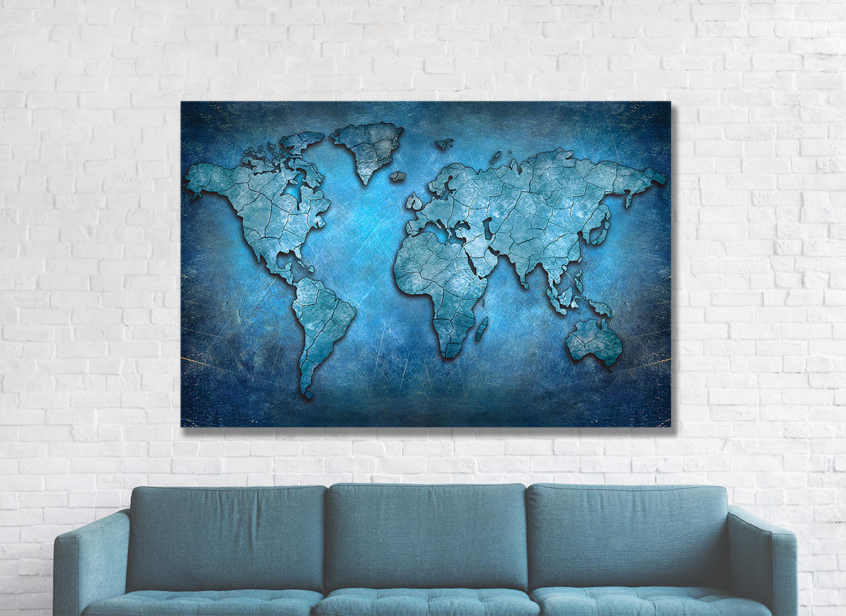 World Map Canvas, Blue Abstract World Map Canvas Wall Art, Earth Map, World Map 48 X 32 Inches