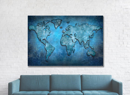 World Map Canvas, Blue Abstract World Map Canvas Wall Art, Earth Map, World Map 48 X 32 Inches