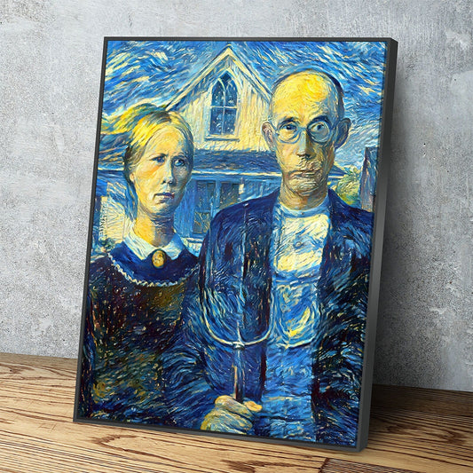 American Gothic Starry Night Mix Canvas Wall Art, Abstract American Gothic, Abstract Vintage Art Decor, Vincent van Gogh, Grant Wood With Floating Frame