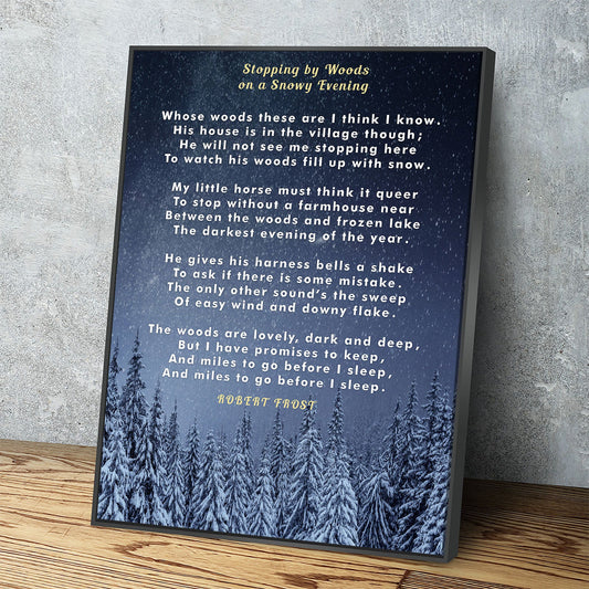 Stopping By Woods On a Snowy Evening Canvas Wall Art, Robert Frost Poem, 1922 Poem, New Hampshire Poetry Collection With Floating Frame