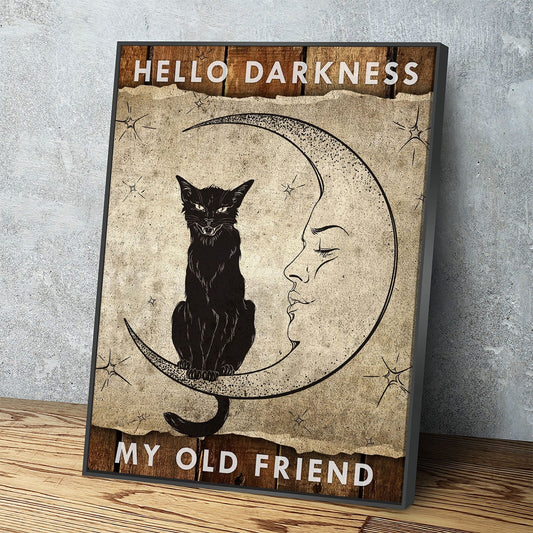 Hello Darkness My Old Friend Canvas Wall Art, Wiccan Decor, Wiccan Art, Black Cat, Wiccan Moon, Spiritual Decor With Floating Frame