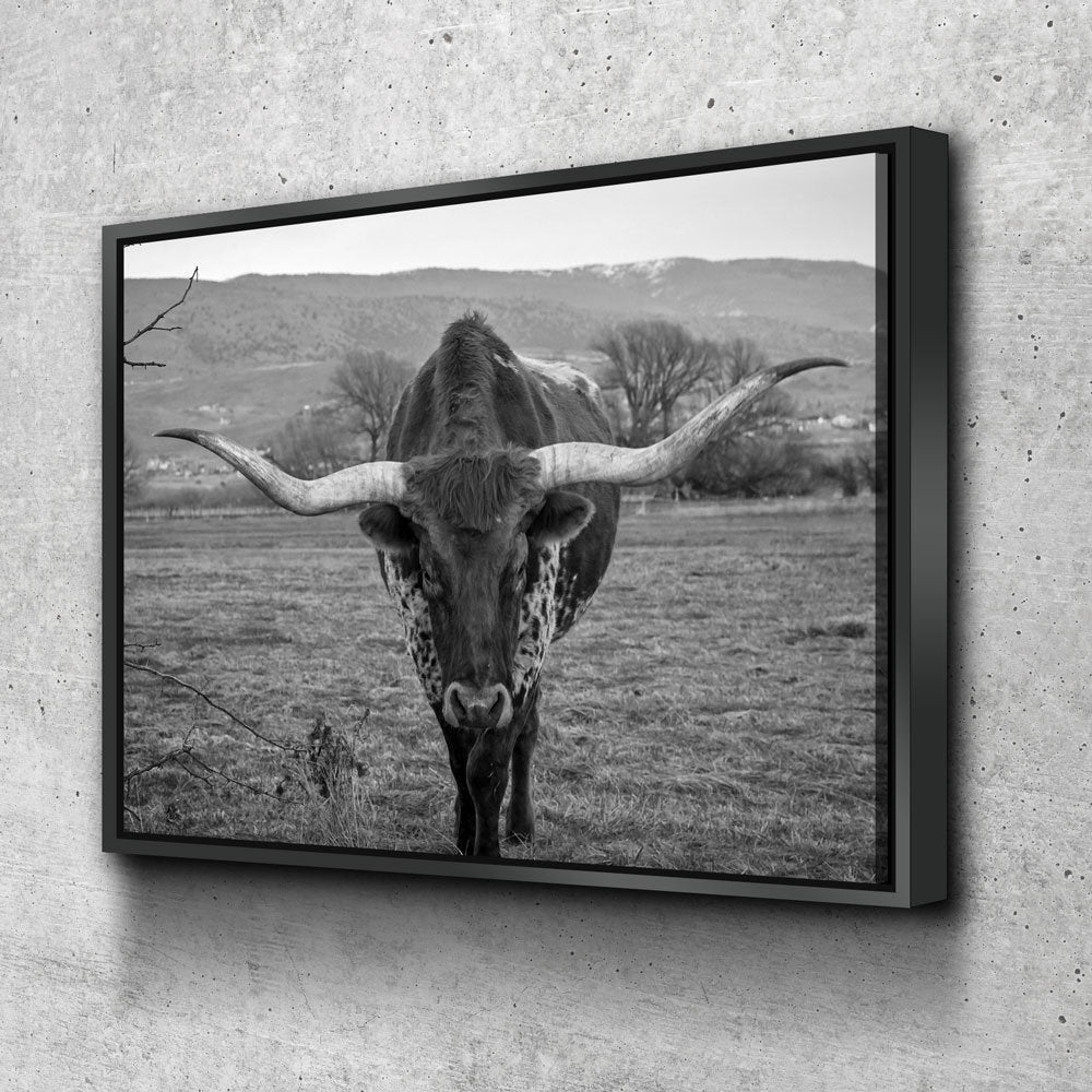 Texas Longhorn Black & White Canvas Wall Art, Ranch Art, XL Wall Art, Ranch Style Home Decor, Black and White Texas Longhorn