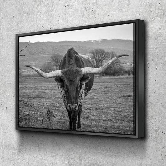 Texas Longhorn Black & White Canvas Wall Art, Ranch Art, XL Wall Art, Ranch Style Home Decor, Black and White Texas Longhorn
