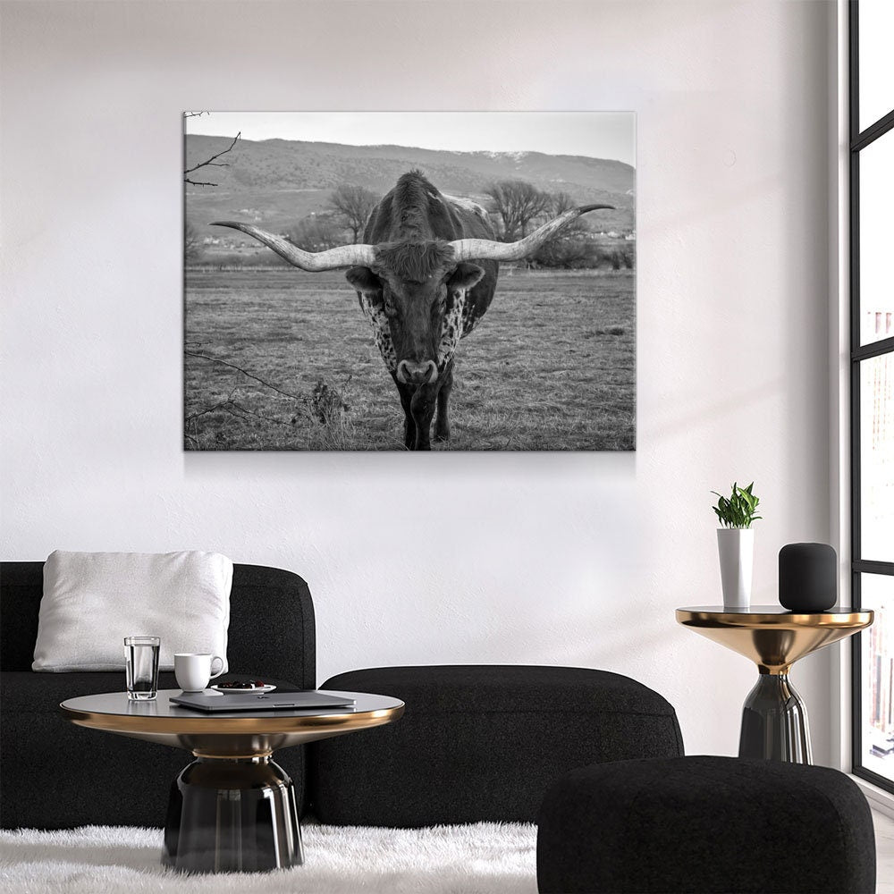 Texas Longhorn Black & White Canvas Wall Art, Ranch Art, XL Wall Art, Ranch Style Home Decor, Black and White Texas Longhorn Gallery Wrap