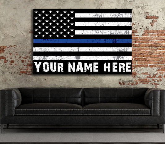 Personalized Thin Blue Line Flag Canvas Wall Art, Custom Wall Art Thin Blue Line, Police Officer Wall Art, LEO, Law Enforcement Officers Gallery Wrap