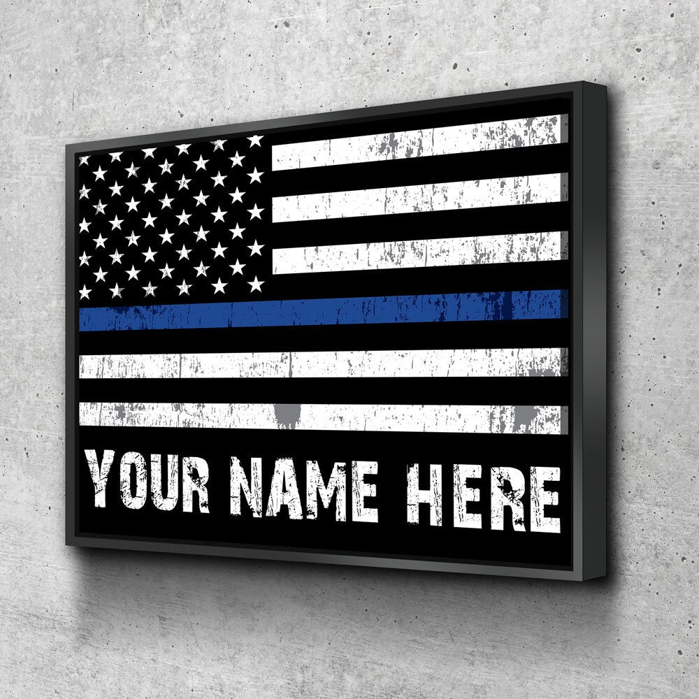 Personalized Thin Blue Line Flag Canvas Wall Art, Custom Wall Art Thin Blue Line, Police Officer Wall Art, LEO, Law Enforcement Officers With Floating Frame