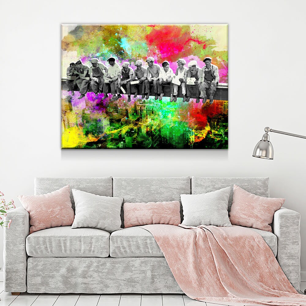 Abstract Lunch Atop Skyscraper, Steelworkers Classic Abstract Canvas Wall Art, Abstract Steel Workers With Floating Frame