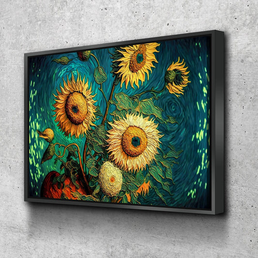 Sunflowers Van Gogh Style Canvas Wall Art, Sunflower Decor, Abstract Art, Abstract Sunflowers With Floating Frame