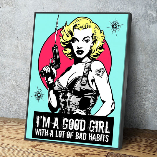 Marilyn Gangsta Canvas Wall Art, I'm A Good Girl With A Lot Of Bad Habits, Marilyn Monroe Comic Style Art, Marilyn Monroe Decor Black Floating Frame