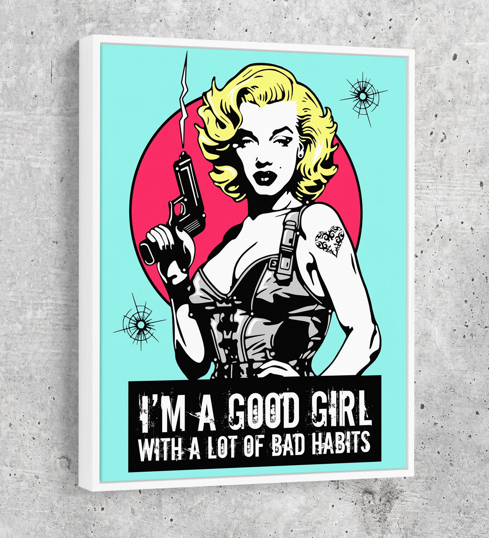 Marilyn Gangsta Canvas Wall Art, I'm A Good Girl With A Lot Of Bad Habits, Marilyn Monroe Comic Style Art, Marilyn Monroe Decor White Floating Frame