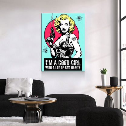 Marilyn Gangsta Canvas Wall Art, I'm A Good Girl With A Lot Of Bad Habits, Marilyn Monroe Comic Style Art, Marilyn Monroe Decor Gallery Wrap