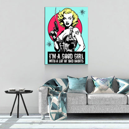 Marilyn Gangsta Canvas Wall Art, I'm A Good Girl With A Lot Of Bad Habits, Marilyn Monroe Comic Style Art, Marilyn Monroe Decor