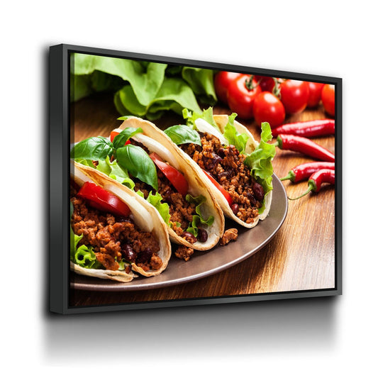 Tacos Canvas Wall Art, Taco Restaurant Decor, Mexican Restaurant Decor, Spicy Taco Print, Taqueria Decor, Tex-Mex Art With Floating Frame