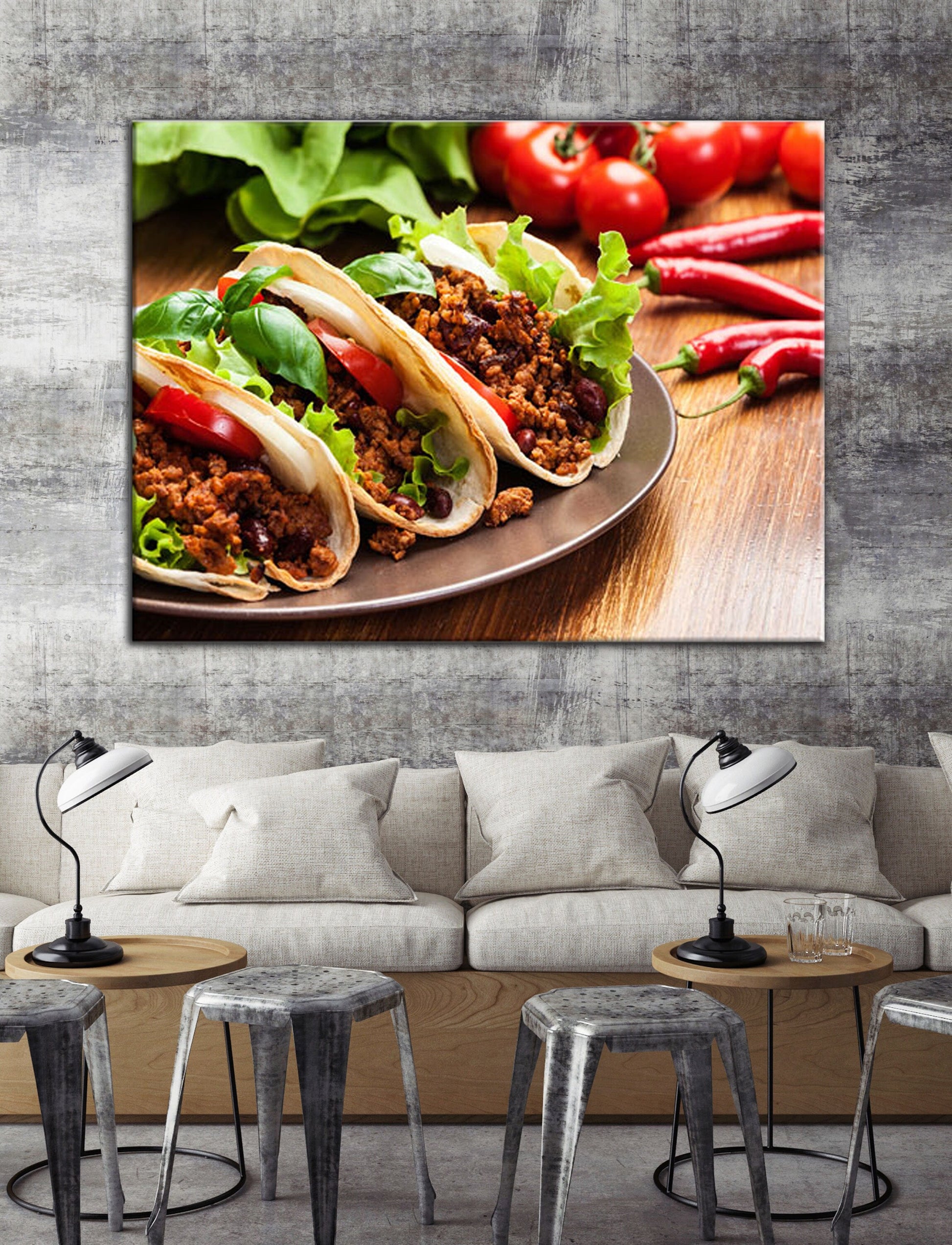 Tacos Canvas Wall Art, Taco Restaurant Decor, Mexican Restaurant Decor, Spicy Taco Print, Taqueria Decor, Tex-Mex Art