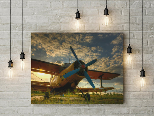 Old Airplane Sunset Canvas Wall Art, Aviation Gift, Single-engine Biplane, Plane Gift, Airplane Gift, Single Engine