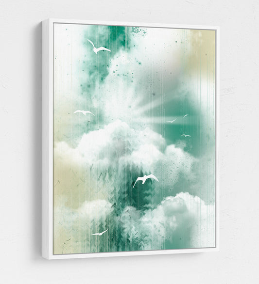 Morning Glory Canvas Wall Art, Inspirational Decor, Coastal Design, Abstract Landscape, Sea, Clouds and Seagulls White Floating Frame