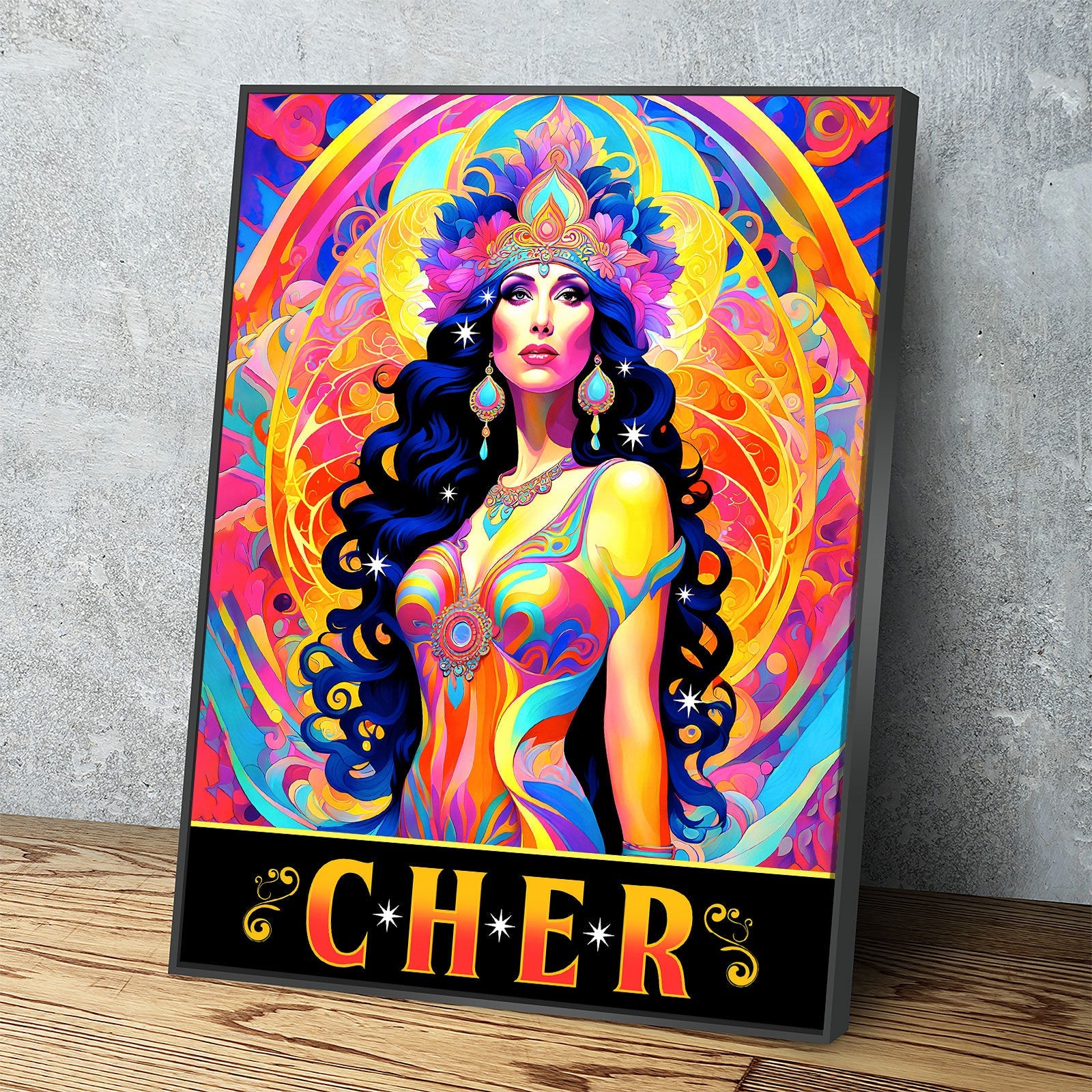 Cher Legend Canvas Wall Art, Abstract Cher, Music Decor, Goddess of Pop Decor, Cher Print, Cher Music Art Black Floating Frame