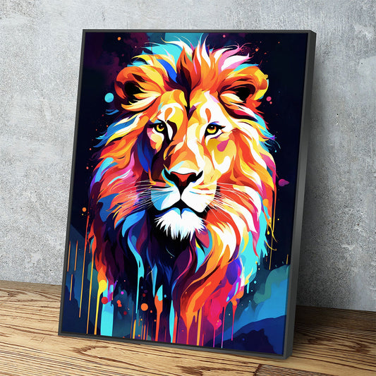 The Lion Canvas Wall Art, Abstract Lion Print, Animal Decor, Lion Decor, Vibrant Lion Art, King Of The Jungle Decor Black Floating Frame