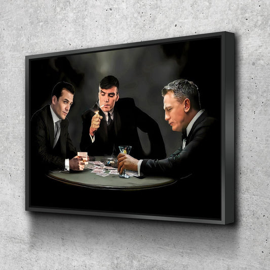 3 Legends Playing Poker Canvas Wall Art, Specter, Bond & Shelby Playing Cards With Floating Frame