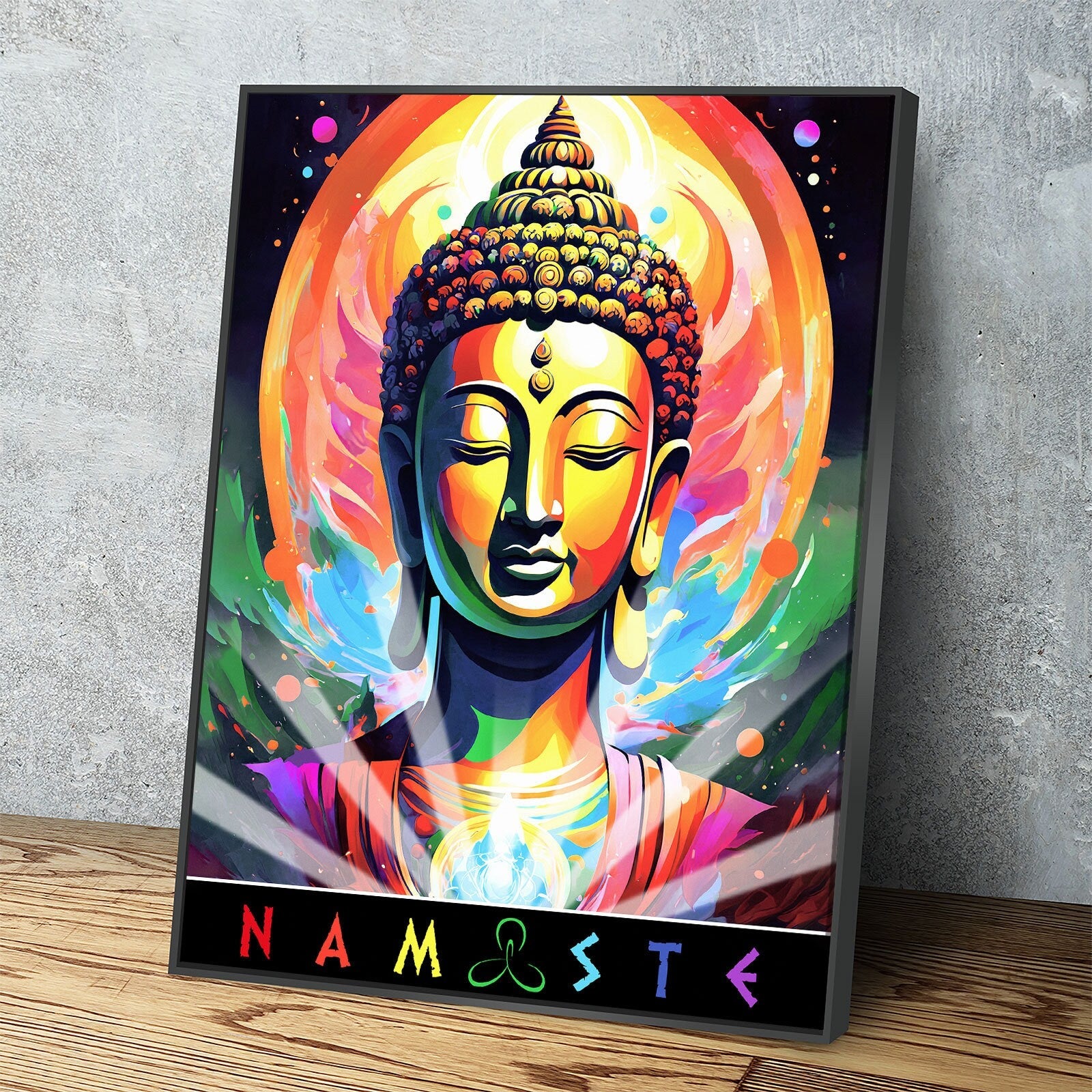 Namaste Canvas Wall Art, Abstract Namaste Print, Namaste Decor, Vibrant Namaste Art, Sanskrit, Affirmation Of Unity, Equality & Oneness Black Floating Frame