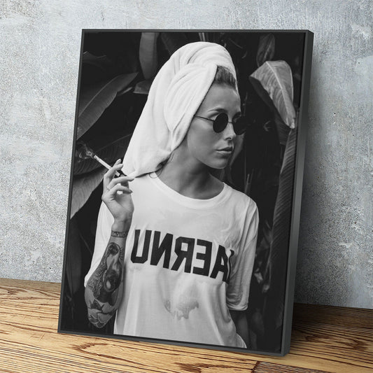 Feminist Attitude Canvas Wall Art, Woman Smoking Print, Black and White Female Print, Tattoo Unreal Print, Vintage Print, Fashion Art Black Floating Frame