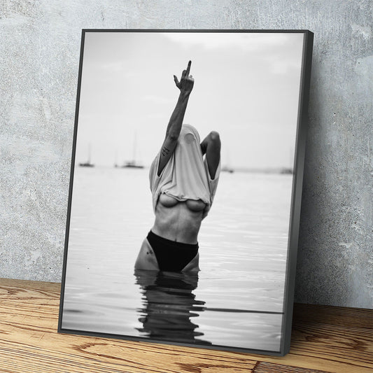 Feminist Attitude Canvas Wall Art, Woman Middle Finger Print, Black and White Female Print, Woman Water Flip Off, Vintage Print, Fashion Art Black Floating Frame