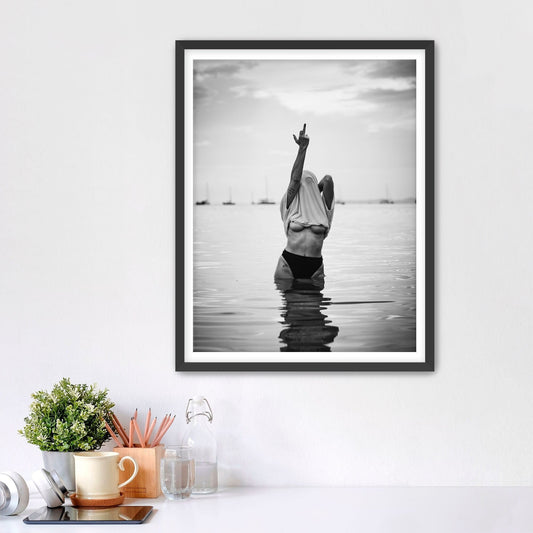 Woman Flip Off Framed Fine Art Print, Woman Middle Finger Print, Black & White Female Print Black