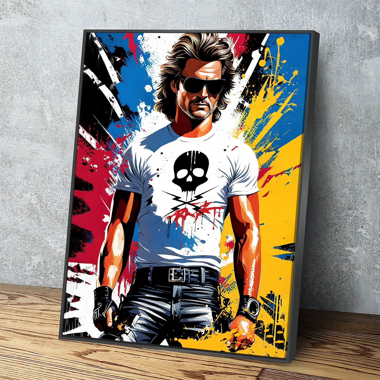 Stuntman Mike Canvas Wall Art, Cult Classic Art Print, Death Proof Abstract Print, Stuntman Decor Black Floating Frame