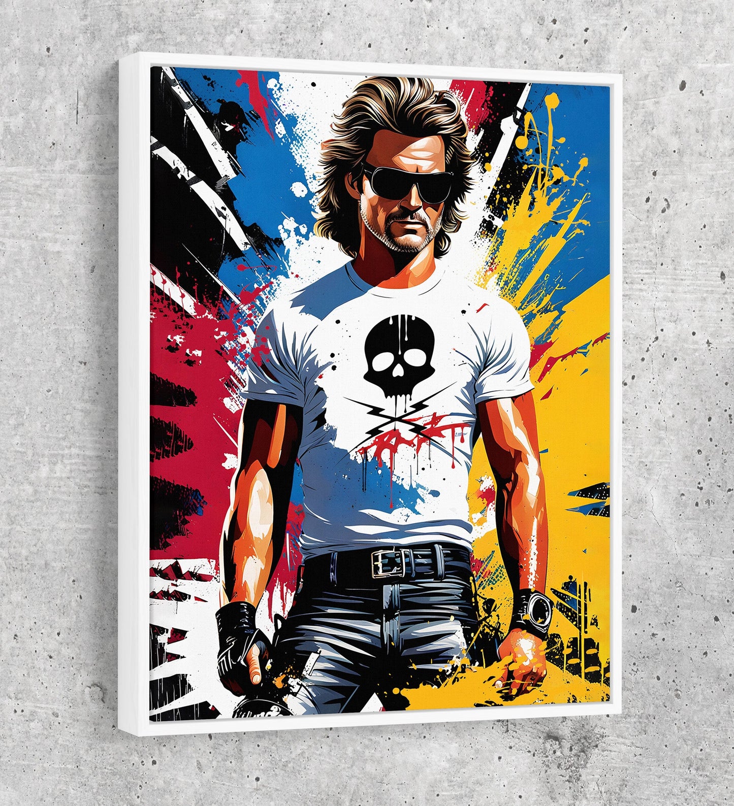 Stuntman Mike Canvas Wall Art, Cult Classic Art Print, Death Proof Abstract Print, Stuntman Decor White Floating Frame