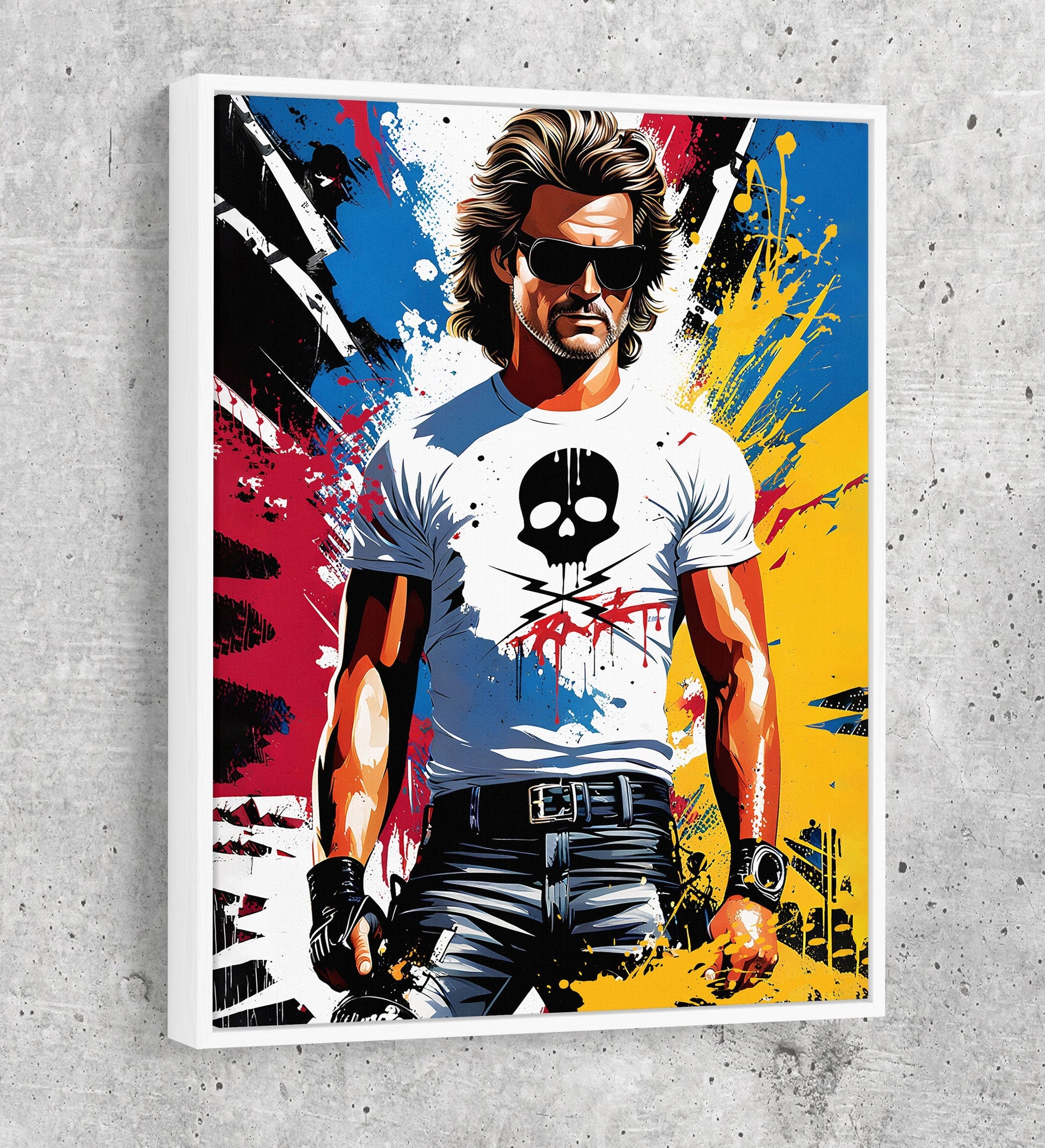 Stuntman Mike Canvas Wall Art, Cult Classic Art Print, Death Proof Abstract Print, Stuntman Decor White Floating Frame