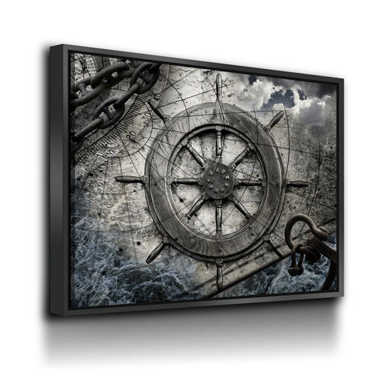 Captain Ships Wheel Canvas Wall Art, Fishing Boat, Ocean Boat, Nautical Decor, Ocean Decor, Sailor, 1 Piece Wall Art Set Black Floating Frame