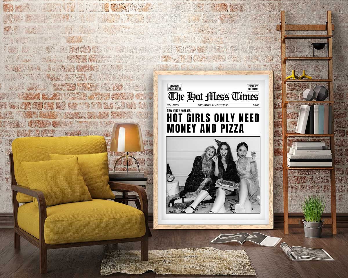 Hot Girls Only Need Money And Pizza Framed Fine Art Print, Feminist Print, Black & White Print