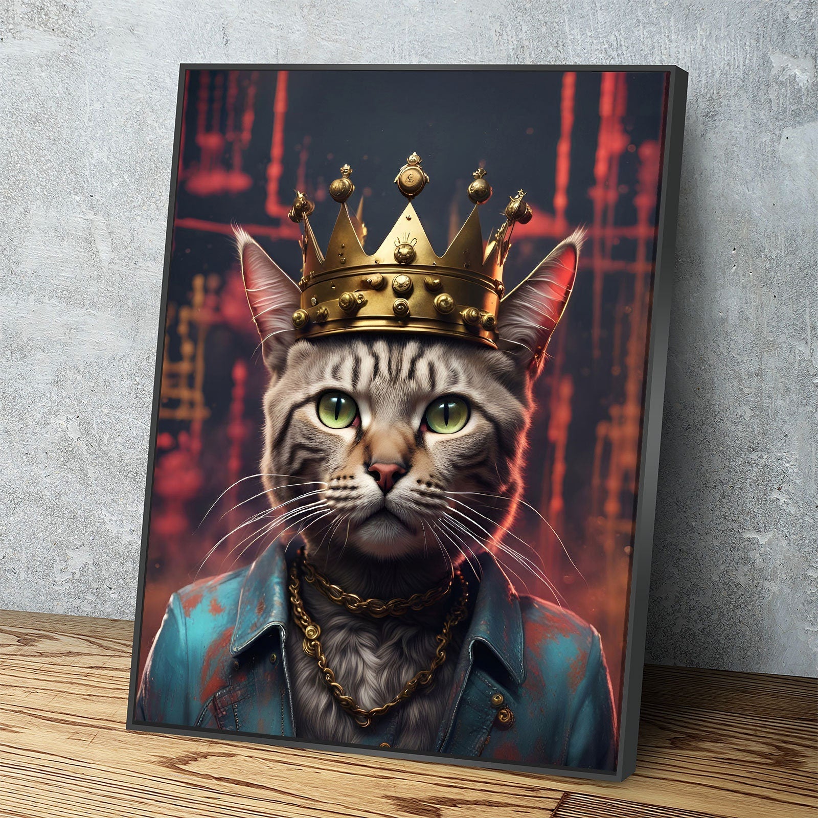 Street King Cat Canvas Wall Art, Abstract Cat Art, Street Cat Art, Cat With Crown Print, Funny Cat Print Black Floating Frame