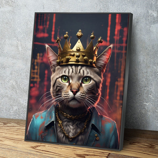Street King Cat Canvas Wall Art, Abstract Cat Art, Street Cat Art, Cat With Crown Print, Funny Cat Print Black Floating Frame