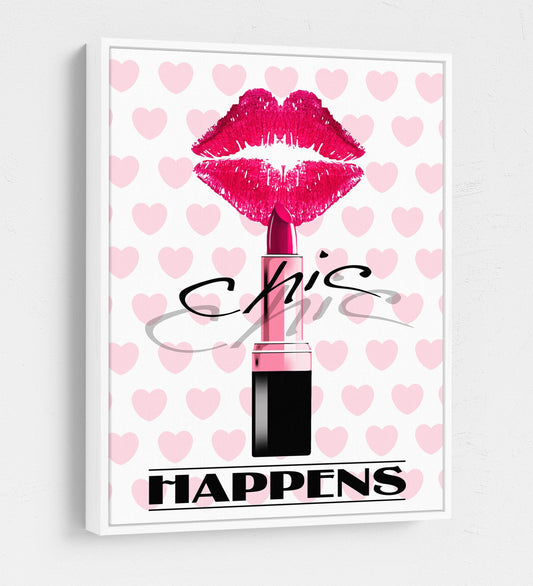 Chic Happens Canvas Wall Art, Beauty Salon Decor, Beauty Parlor Decor, Girl Dorm Room Decor, Fashion Decor, Lips & Lipstick Print White Floating Frame