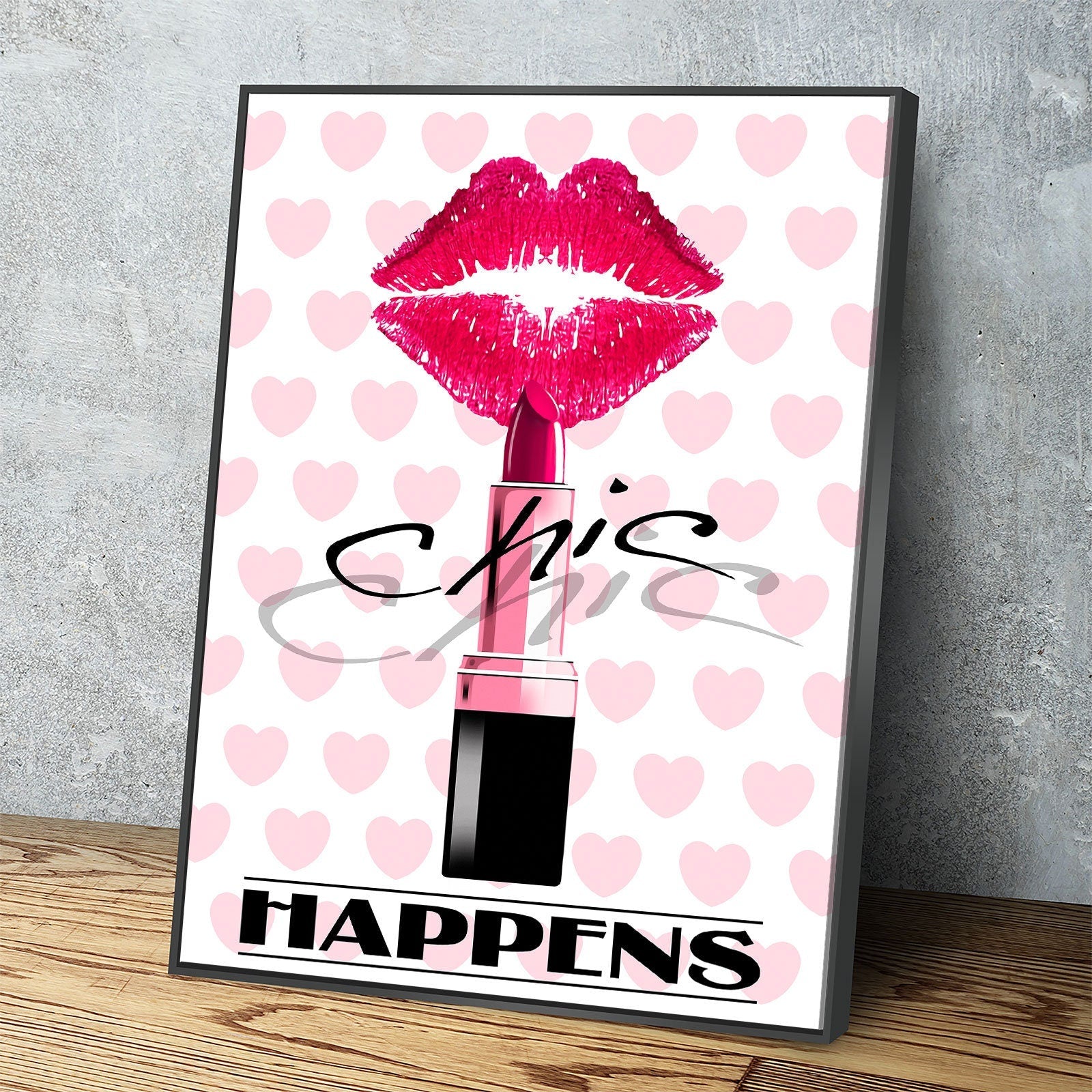 Chic Happens Canvas Wall Art, Beauty Salon Decor, Beauty Parlor Decor, Girl Dorm Room Decor, Fashion Decor, Lips & Lipstick Print Black Floating Frame