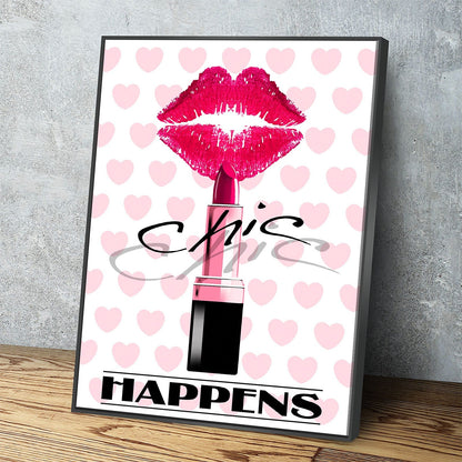 Chic Happens Canvas Wall Art, Beauty Salon Decor, Beauty Parlor Decor, Girl Dorm Room Decor, Fashion Decor, Lips & Lipstick Print Black Floating Frame