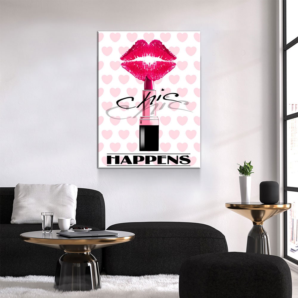 Chic Happens Canvas Wall Art, Beauty Salon Decor, Beauty Parlor Decor, Girl Dorm Room Decor, Fashion Decor, Lips & Lipstick Print Gallery Wrap