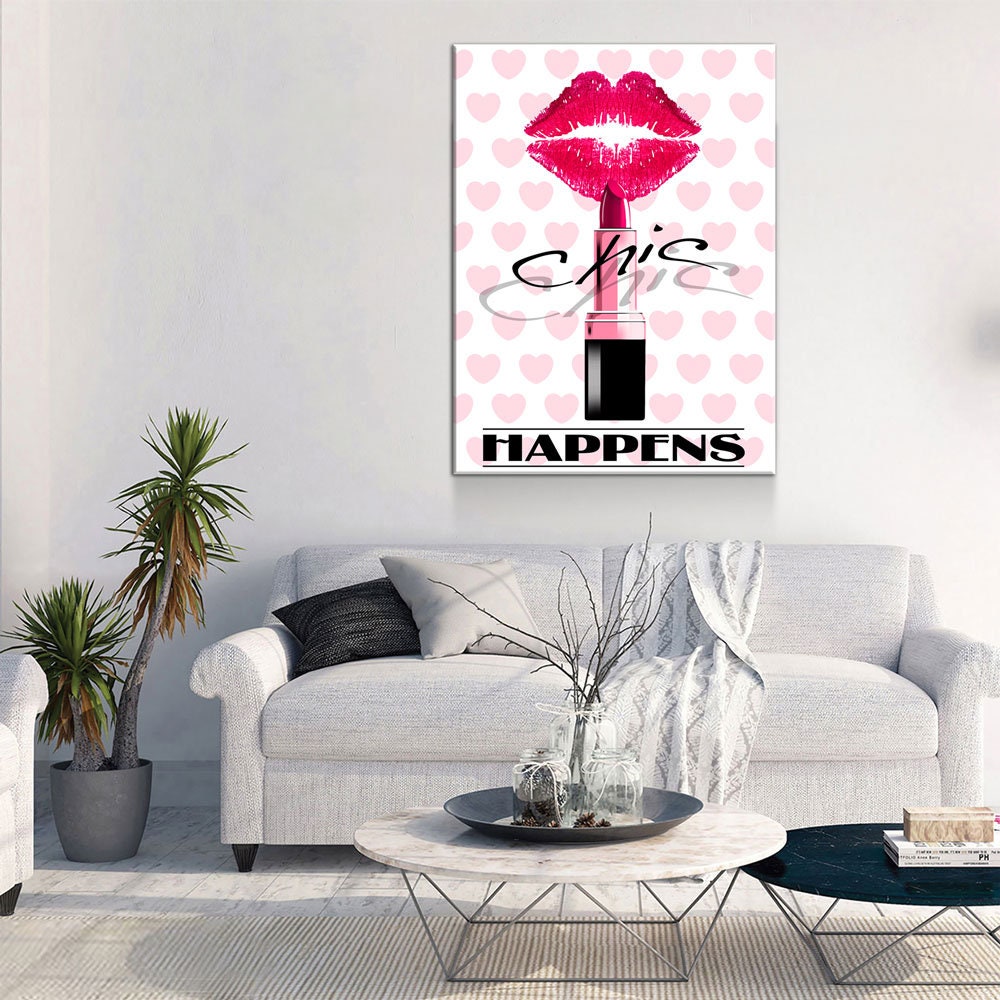 Chic Happens Canvas Wall Art, Beauty Salon Decor, Beauty Parlor Decor, Girl Dorm Room Decor, Fashion Decor, Lips & Lipstick Print