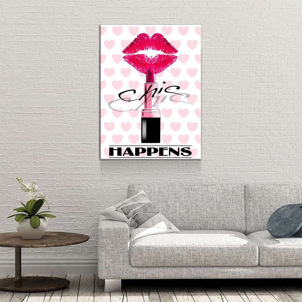 Chic Happens Canvas Wall Art, Beauty Salon Decor, Beauty Parlor Decor, Girl Dorm Room Decor, Fashion Decor, Lips & Lipstick Print