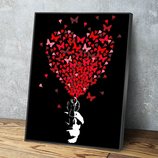 Love Gun Wall Art, Abstract Heart Print, Abstract Love Gun, Heart Love Gun Decor Black Floating Frame